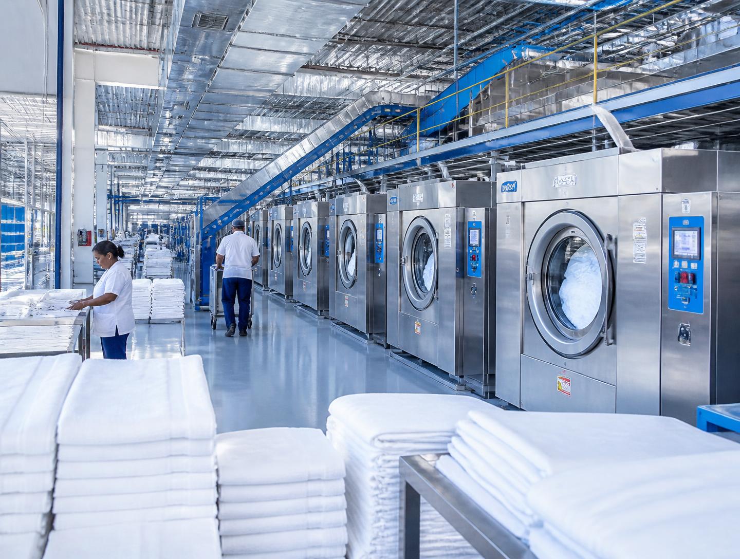 Industrial commercial laundry facility with rows of tunnel washers and stacks of white linens