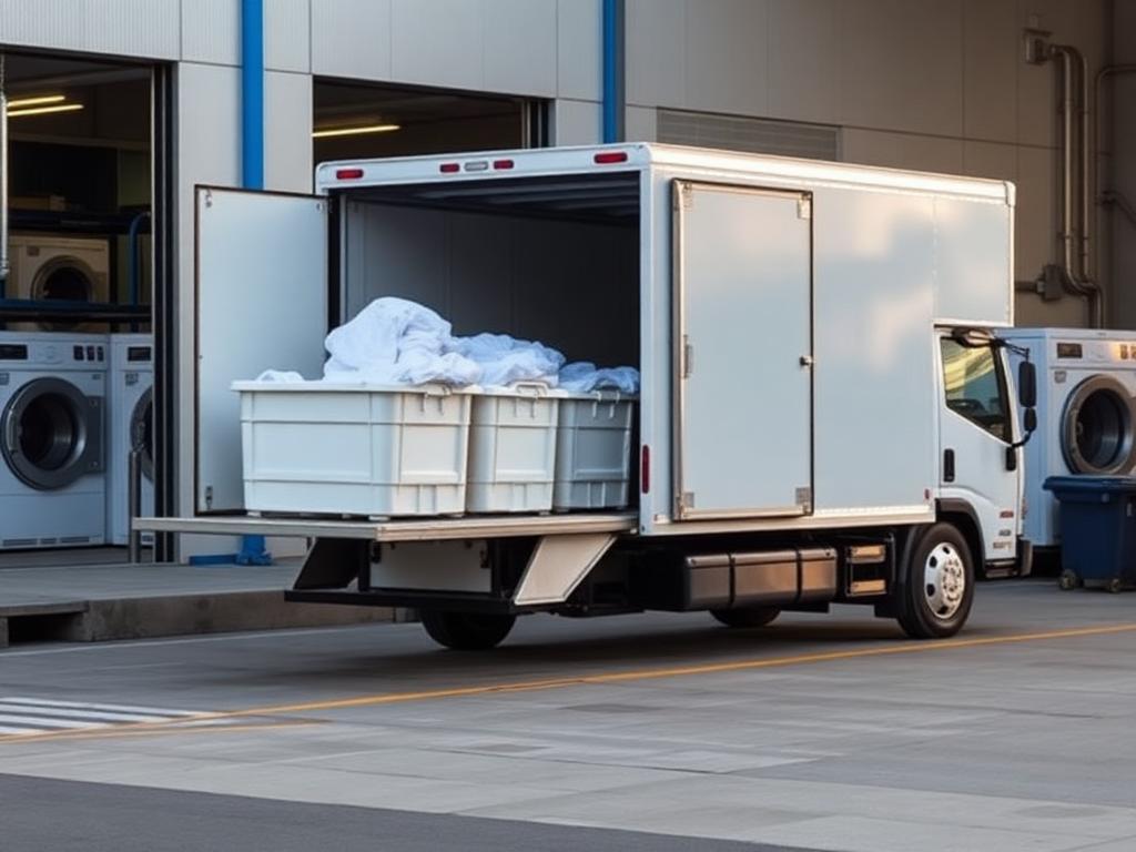 Commercial delivery truck loaded with bins of clean linen at a laundry loading dock